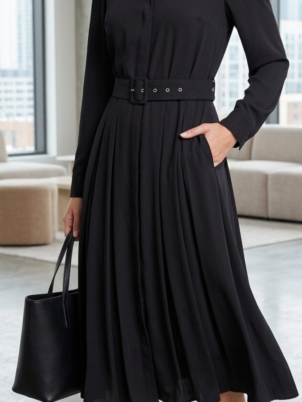 English Factory Black Long-Sleeve Pleated Midi Dress with Belt